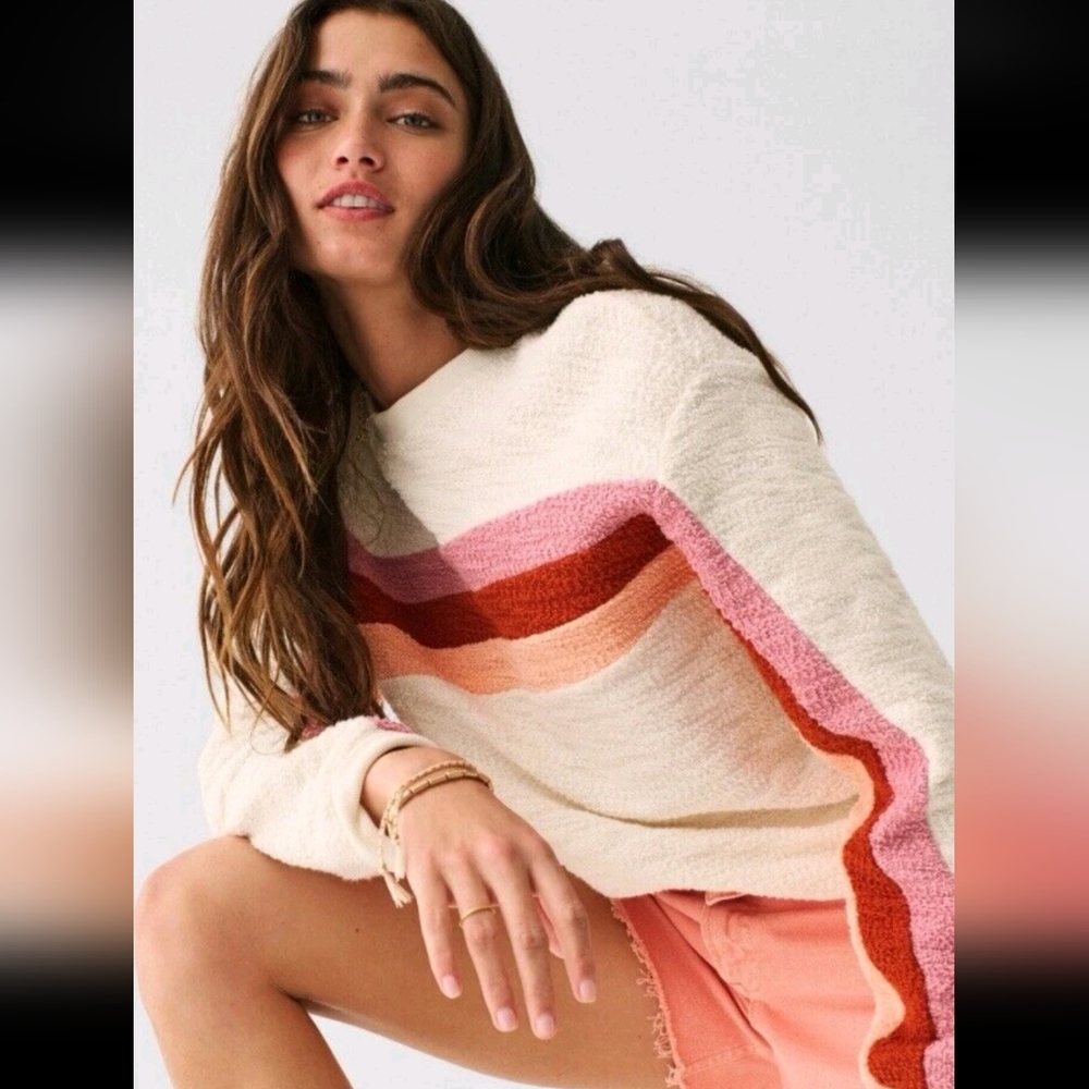 Faherty Cream Crewneck Sweater with Pink and Rust Chevron Stripe - Picture 1 of 14